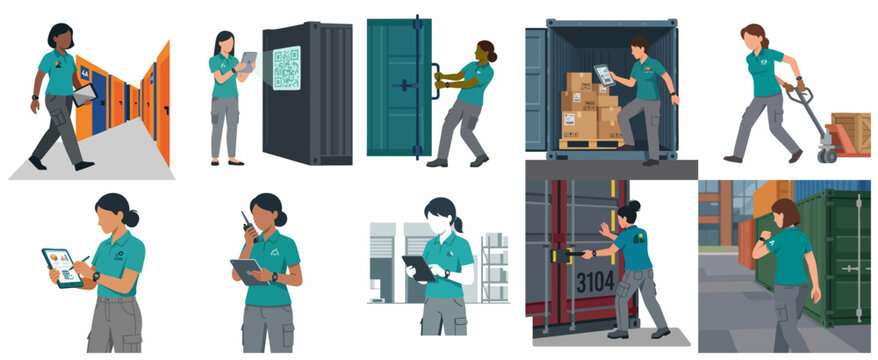 Logistics and supply chain management illustration set featuring female workers handling inventory, scanning QR codes, and managing shipping containers in a warehouse.