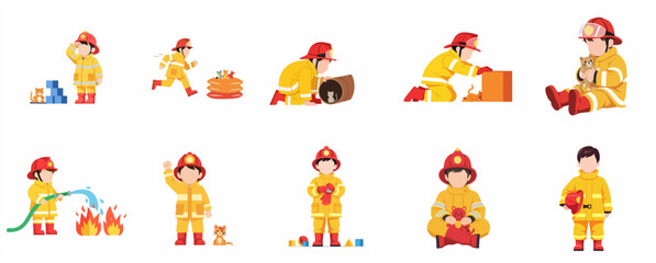 Fototapeta premium Set of cute little boy dressed as a firefighter in various poses and rescue activities, future career concept for kids, flat vector illustration isolated on white background
