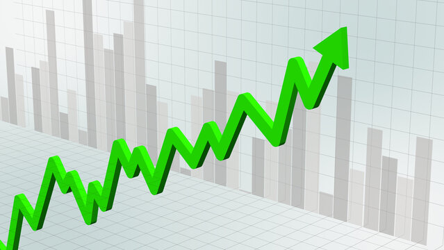 Green 3D line arrow pointing upward showing stock market growth, financial investment uptrend, business profit increase, economic performance rise, and positive trading concept