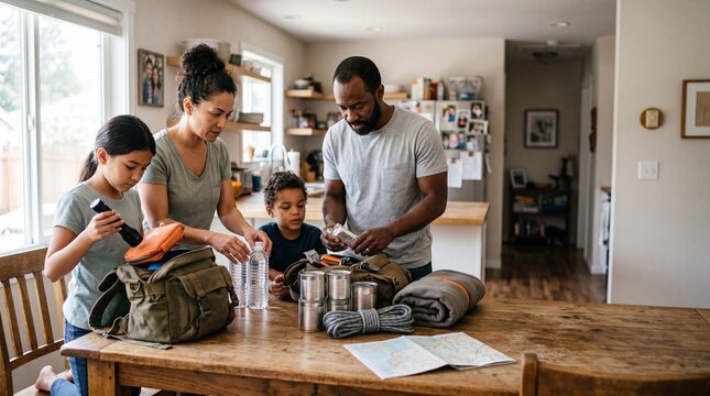 Multi-ethnic family preparing an emergency survival kit with food, water, and supplies at home
