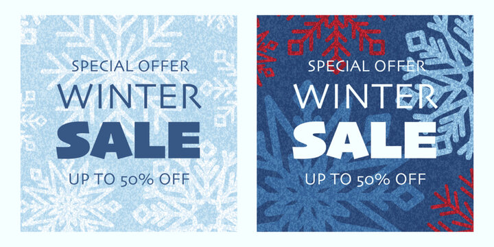 Winter Sale square template set for ads post social media. Bundle of blue layouts with snowflakes for mobile app, banner, web ads