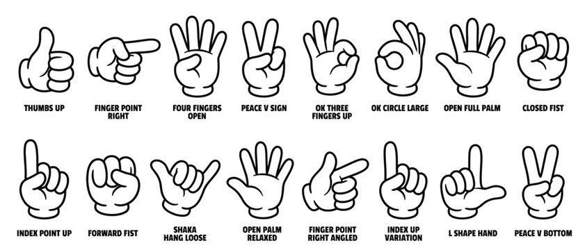 Cartoon hand gesture icon set vector with thumbs up, peace, fist, shaka and finger signs in black and white outline style for emoji and sticker design
