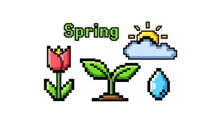 Fototapeta premium Colorful spring icons with flower plant.