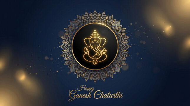 Luxury golden Lord Ganesha emblem within ornate mandala on royal blue backdrop for festive greeting design
