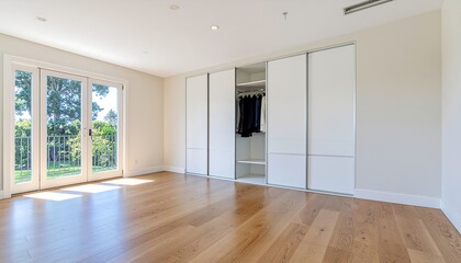 Fototapeta premium Modern minimalist bathroom with glass shower enclosure.