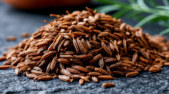 Cumin seeds piled into a dense elongated mound on unpolished black granite, ridged elongated achenes packed tightly with visible striations, Cuminum cyminum macro spice detail, earthy aromatic backd