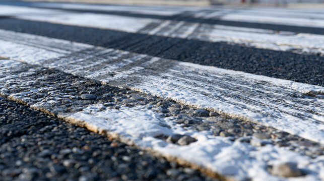 Crosswalk parallel stripe pattern worn asphalt markings extreme close perspective, thermoplastic paint edges lifting from road surface, aggregate texture visible through faded sections, tyre track m