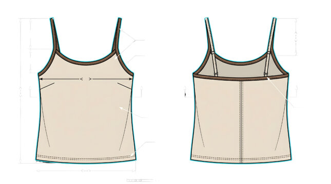 Detailed Camisole Technical CAD Blueprint Vector &ndash; Beige Tank Top with Brown Trim Front and Back View Apparel Flat Sketch Multi-View Cyan Outline on Transparent Background