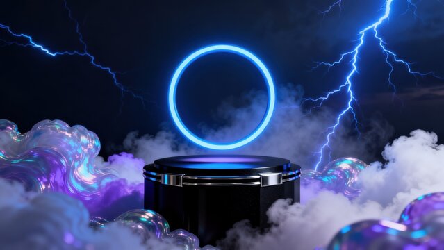 Neon circle podium with lightning and clouds