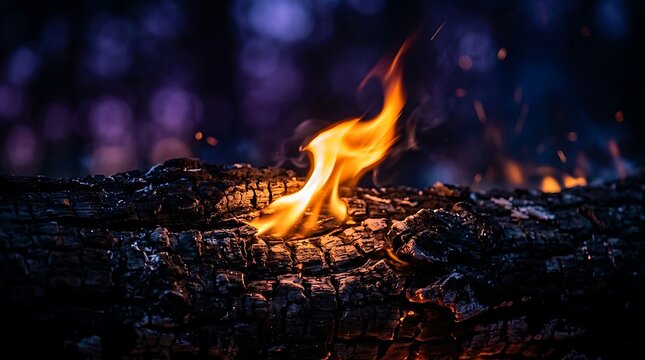 Bright orange flame burning on a charred wooden log in the dark