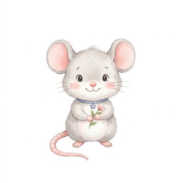 adorable mouse character isolated on white background, small cute proportions, soft pastel illustration style