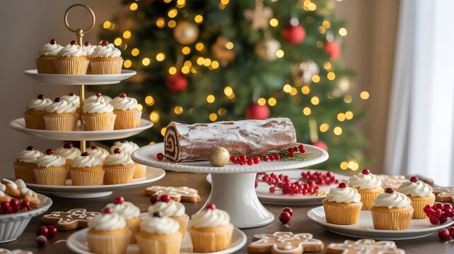 Delicious christmas cupcakes and yule log cake on a table with a glowing holiday tree background