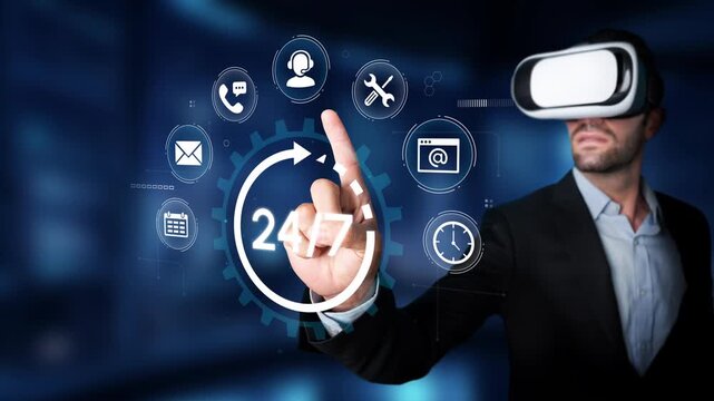 Man Wearing Virtual Reality Headset Interacting with Digital Icons and 24-7 Service Display in Modern Business Environment. Entropy.