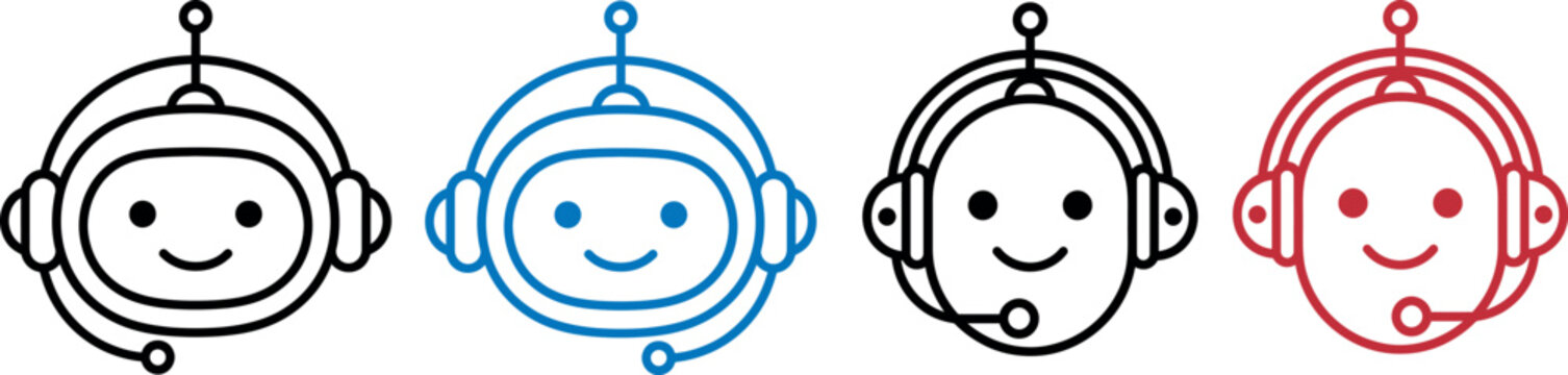 Four robot face icons in different colors black blue outline and red