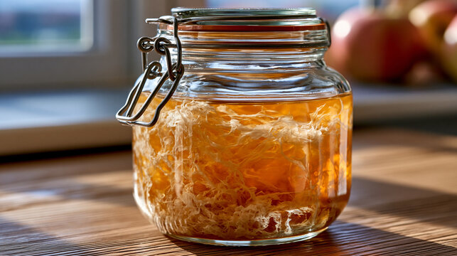 Raw apple cider vinegar mother culture suspended in unfiltered cloudy liquid inside an apothecary jar, acetobacter cellulose strands forming translucent web-like mass, natural diffused window lighti