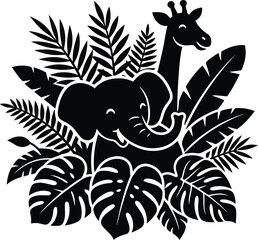 Fototapeta premium A vivid black and white artistic silhouette sketch featuring a cute elephant and a tall friendly giraffe.