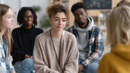 Obraz premium Diverse group of teenagers engaged in a supportive group therapy session