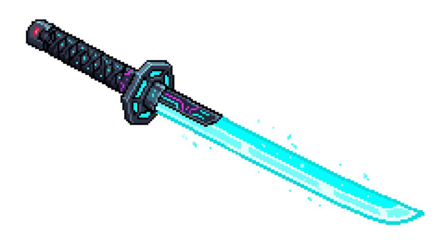 Glowing blue Japanese katana sword closeup.