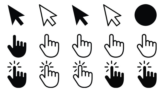 Cursor icons featuring click, hand, computer mouse arrow, pointing hand, loading, and interaction symbols for UI design.