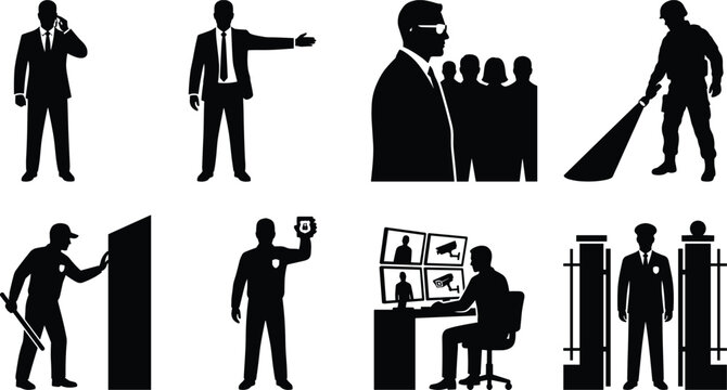 Security guard and private protection silhouette set featuring bodyguards personal escort officer patrolling with flashlight watching cctv monitors and metal detector gate isolated on white background
