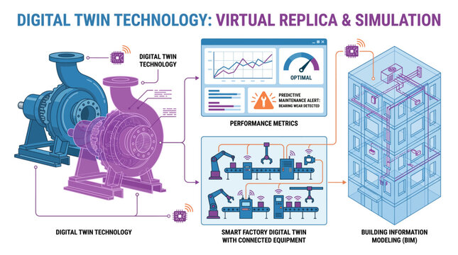 Digital twin technology with virtual replica simulation predictive maintenance and smart factory vector set