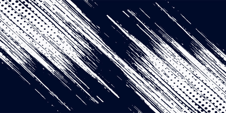 White brush strokes on a navy blue background illustration with a halftone effect Abstract grunge design element for a banner