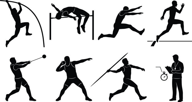 Track and field athletes silhouette set featuring sports players pole vault high jump long jump sprinting hammer throw shot put javelin and coach holding clipboard isolated on white background