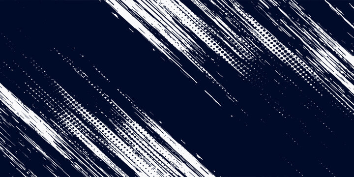 White brush strokes on a navy blue background illustration with a halftone effect Abstract grunge design element for a banner