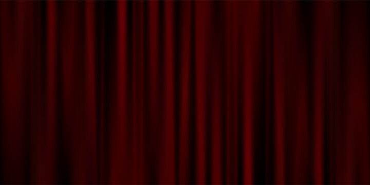 Red velvet curtain background. Closed curtains wallpaper for theater stage or cinema, circus. Red fabric drapery backdrop for award, show, performance. Velvet textile room scene banner concept. Vector