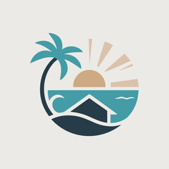 Obraz premium Minimalist tropical beach house logo with palm tree and sunset
