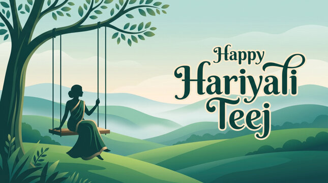 Hariyali Teej Festival Landscape Banner with Woman on Swing Under Tree in Serene Green Countryside
