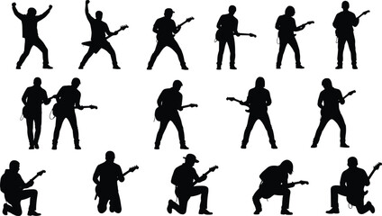 Fototapeta premium Large collection of rock guitar player silhouettes performing in various dynamic poses isolated on white background for music festival concert and band concept