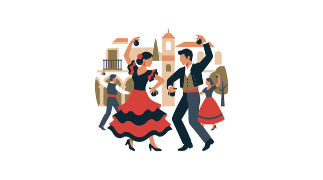 Flamenco dancers perform in a Spanish village square with traditional architecture.