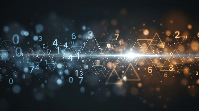 Abstract digital background featuring glowing numbers and geometric triangle shapes floating in dark atmospheric space