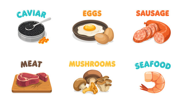 Cartoon food icons with text labels on white background