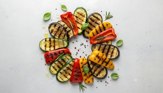Grilled zucchini, eggplant and bell peppers arranged in a circle on a grey background