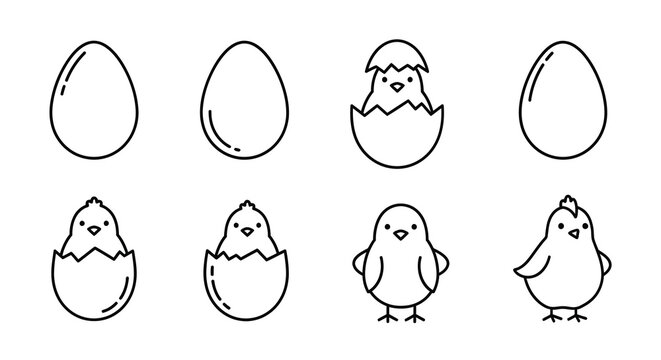 Egg hatching sequence linear vector illustration on a white background