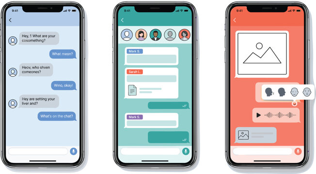 Mobile smartphone chat UI design template set featuring speech bubbles voice messages image sharing and user avatars.