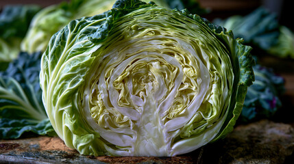 Obraz premium Cabbage cross-section cleaved cleanly reveals concentric internal leaf architecture in tight spiraling layers, the pale interior ribbing forming a botanical mandala pattern, the cut vegetable restin