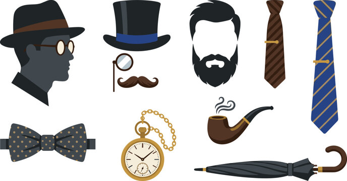 Gentleman vintage fashion and barbershop accessories vector icon set featuring retro hats monocle mustache ties pocket watch smoking pipe and umbrella.