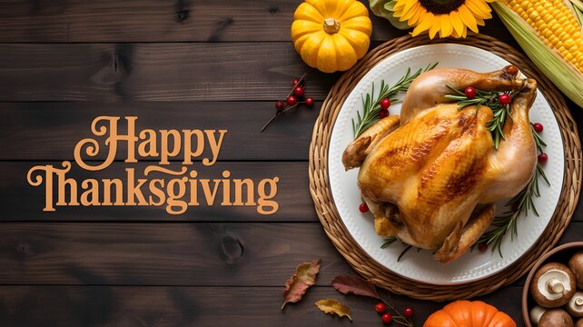Happy thanksgiving dinner with roasted turkey and autumn vegetables on a dark wooden table background