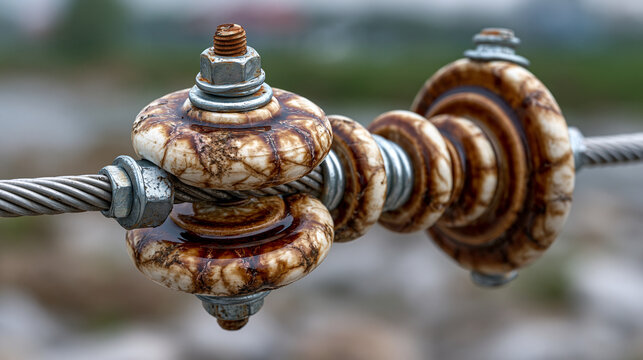 Ceramic electrical insulator disc string suspension type, brown glaze surface with cap and pin hardware, galvanised steel hardware components, surface contamination tracking on glaze, low angle side