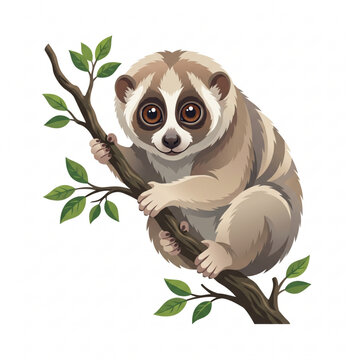 Cute Javan Slow Loris Vector Illustration Adorable Exotic Nocturnal Primate Clinging to Tree Branch Isolated on White