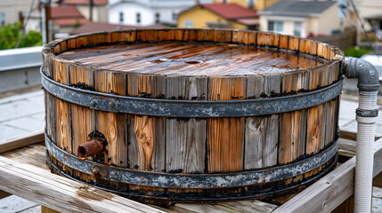 Fototapeta premium Elevated rooftop wooden water tank cypress stave barrel bound with iron hoops, tarred seams between vertical planks, corroded overflow pipe protruding, cedar grain bleached silver with decades of we