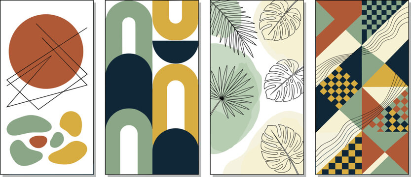 Abstract boho wall art vector illustration set featuring geometric shapes terracotta circles mid century lines botanical leaves.