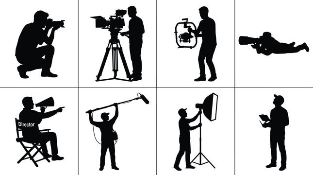 Film crew and photography silhouette set featuring director cameraman boom operator lighting technician and photographer isolated on white background