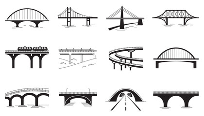 Fototapeta premium Bridge icon set, black and white transportation infrastructure symbols featuring roadways, bridges and tunnel elements