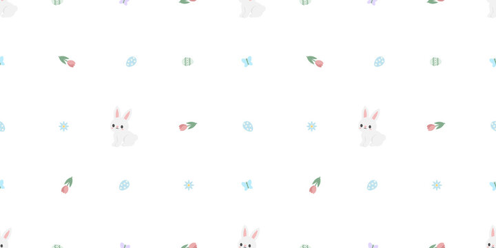 Seamless vector pattern with white cartoon rabbits, decorated Easter eggs, tulips, butterflies, and small flowers on a light gray background in pastel colors.