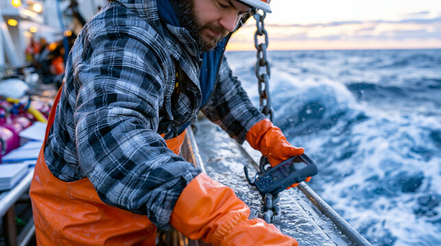 Marine biogeochemist hauls dissolved oxygen measurement sensor array from research vessel deck during dawn fieldwork in open Pacific Ocean, handheld data logger recording hypoxic zone depth readings