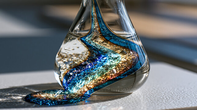 Micro-filtered mineral water in laboratory flask showing suspended total dissolved solids under polarized macro light, crystal mineral particulates refracting into spectral micro-prisms within optic
